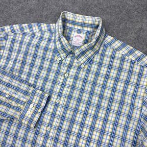 Brooks Brothers Shirt Men Large Blue Yellow Plaid Long Sleeve Button Down Oxford